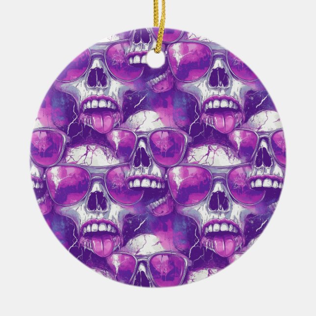 Skull Pattern Design with Purple Sunglasses Ceramic Ornament (Front)