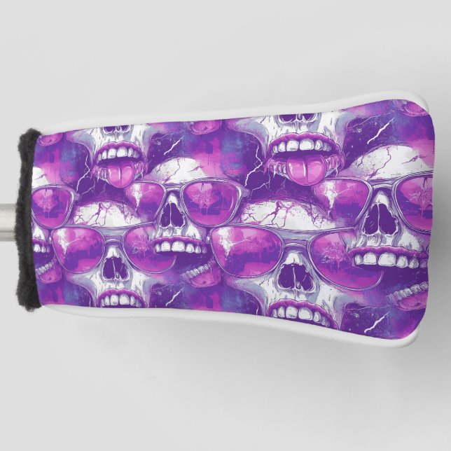 Skull Pattern Design with Purple Sunglasses Golf Head Cover (Front)