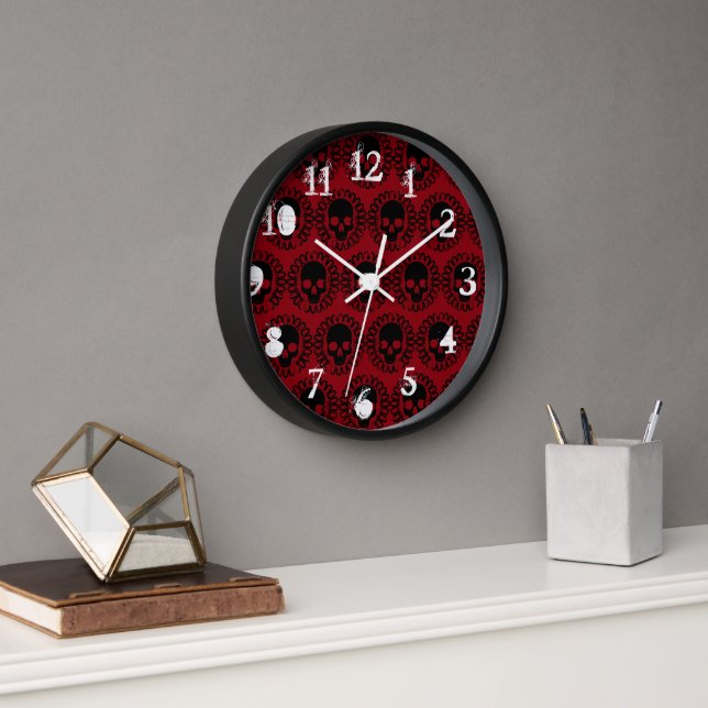 Skull Pattern Elegant Fun Halloween Goth Any Colou Clock (Office)