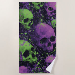 Skull Pattern in Green and Purple Grunge Style Beach Towel