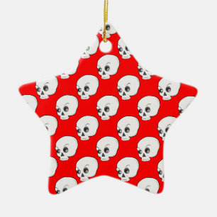 Skull Pattern On Red Background Ceramic Ornament