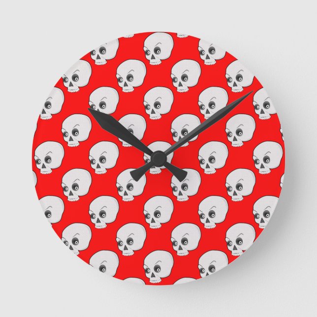 Skull Pattern On Red Background Round Clock (Front)