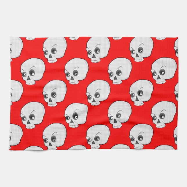 Skull Pattern On Red Background Tea Towel (Horizontal)