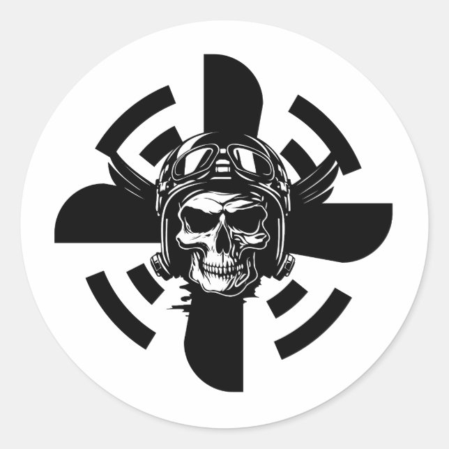 Skull Pilot & Aeroplane Propeller, Minimalist,Blac Classic Round Sticker (Front)