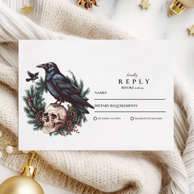 Skull & Pine Raven Gothic Wedding RSVP Card (Creator Uploaded)
