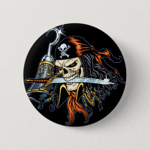 Skull Pirate with Sword and Hook by Al Rio 6 Cm Round Badge