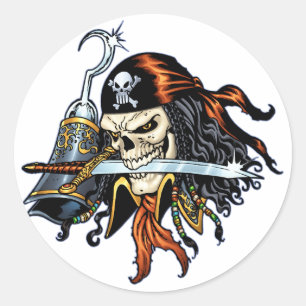 Skull Pirate with Sword and Hook by Al Rio Classic Round Sticker