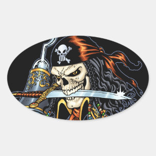 Skull Pirate with Sword and Hook by Al Rio Oval Sticker