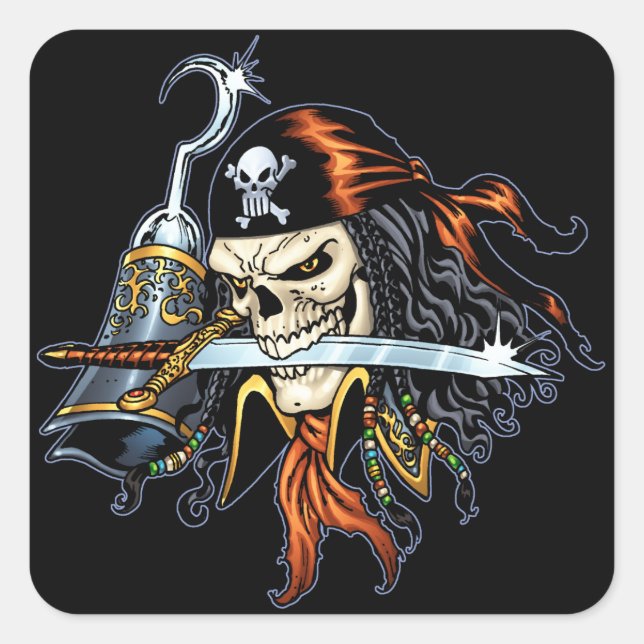 Skull Pirate with Sword and Hook by Al Rio Square Sticker (Front)