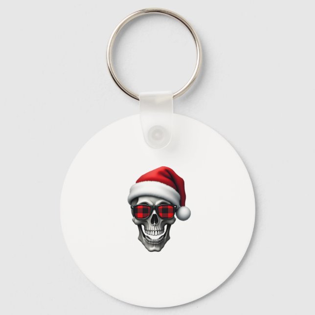 Skull Plaid Santa Hat Christmas Pajama Cool Skelet Key Ring (Front)