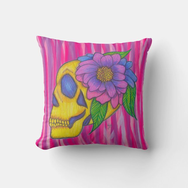 Skull Print Pillow With Yellow Pink Purple  (Front)