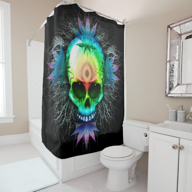 Skull Psychedelic Trippy Explosion Shower Curtain (In Situ)