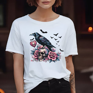 Skull & Raven Bats Roses Design Pink  T-Shirt