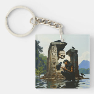Skull Raven Sepulcher Witchy Dark Occult AI Art Key Ring