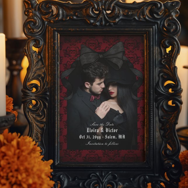 Skull Red Damask Black Bow Goth Wedding Save The Date (Creator Uploaded)