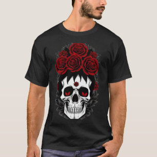 Skull red flowers gothic tshirt
