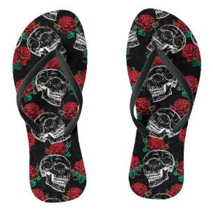 Skull Red Rose Distressed Modern Gothic Glam Thongs