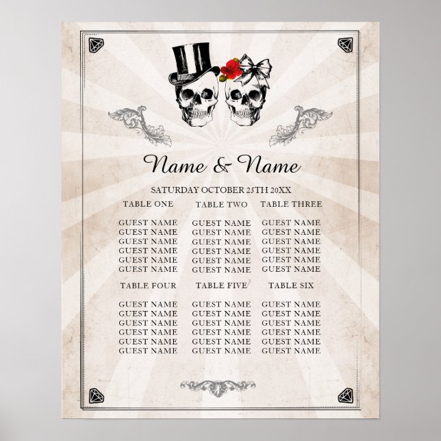 Skull Red Rose Table Plan Wedding Poster Seating (Front)