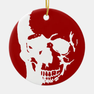 Skull - Red & White Metal Fantasy Art Ceramic Tree Decoration