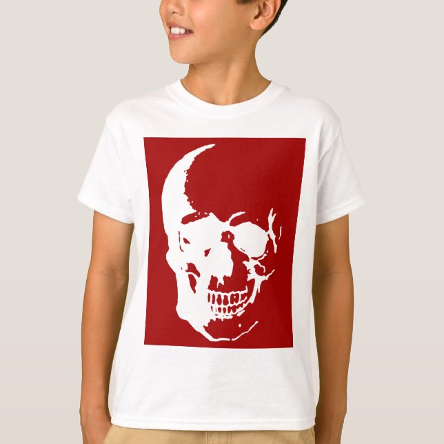 Skull - Red & White Metal Fantasy Art T-Shirt (Front)