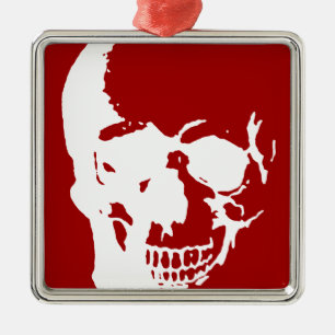 Skull - Red & White Metal Fantasy Art Tree Decoration