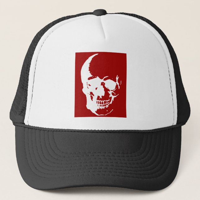 Skull - Red & White Metal Fantasy Art Trucker Hat (Front)
