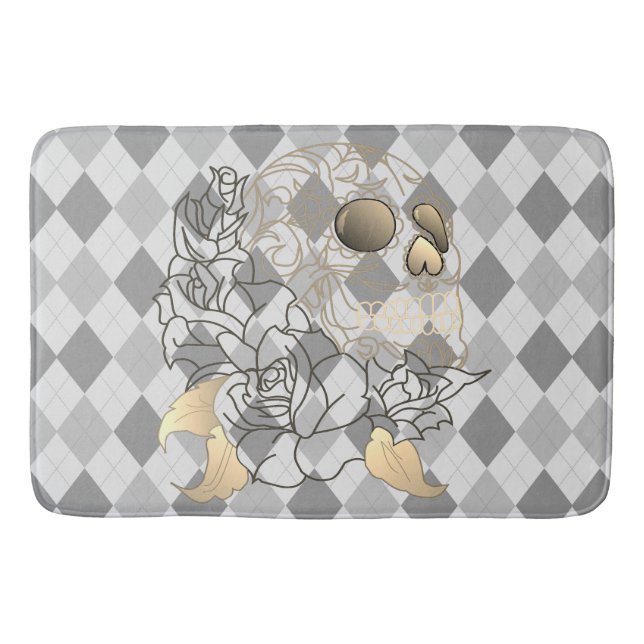 Skull retro argyle yellow grey Bathroom mat (Front)