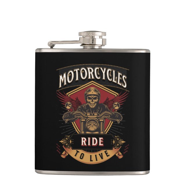 Skull Ride Motorcycles, Ride To Live  Hip Flask (Front)