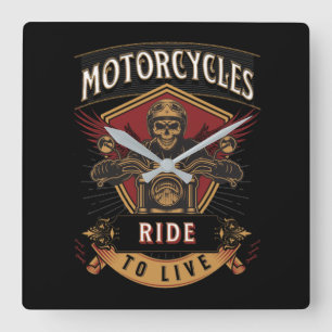 Skull Ride Motorcycles, Ride To Live Square Wall Clock