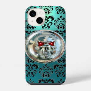 SKULL RIDERS BLACK TEAL BLUE DAMASK FLORAL iPhone CASE