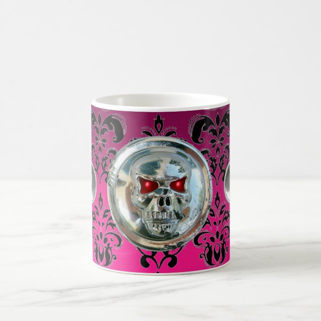 SKULL RIDERS PINK FUCHSIA BLACK DAMASK COFFEE MUG (Center)