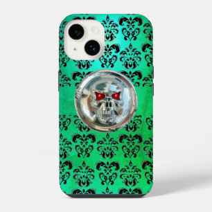 SKULL RIDERS TEAL TURQUOISE BLUE DAMASK red black iPhone 14 Case