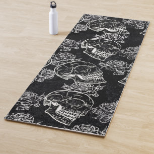 Skull Rose Chalk   Funky Black Gothic White Grunge Yoga Mat