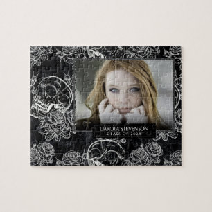 Skull Rose Chalk   Funky Gothic Graduation Photo Jigsaw Puzzle