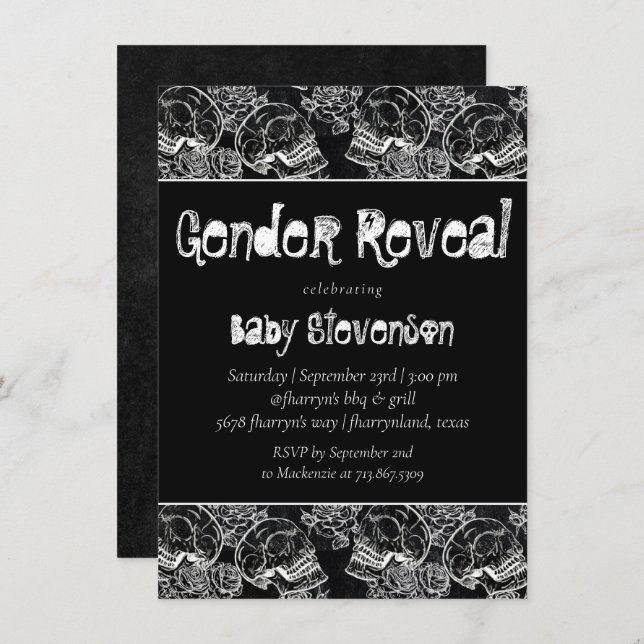 Skull Rose | Funky Chalkboard Grunge Gender Reveal Invitation (Front/Back)