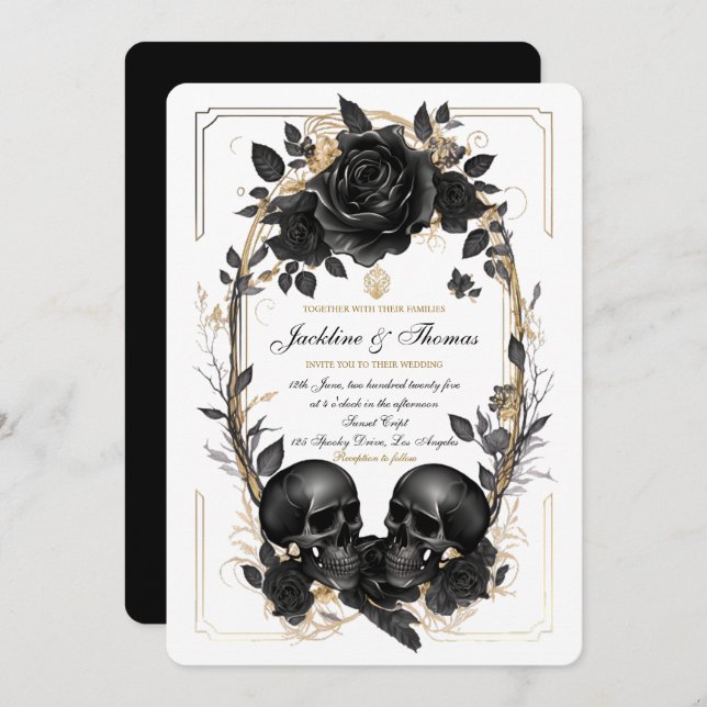  Skull Roses Black White Gold Gothic Wedding Invitation (Front/Back)