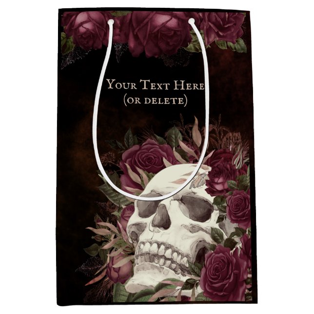 Skull Roses Burgundy Black Grunge Personalised Medium Gift Bag (Front)