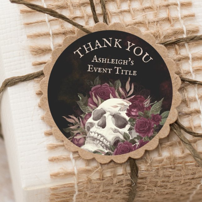 Skull Roses Burgundy Black Grunge THANK YOU Classic Round Sticker (Creator Uploaded)