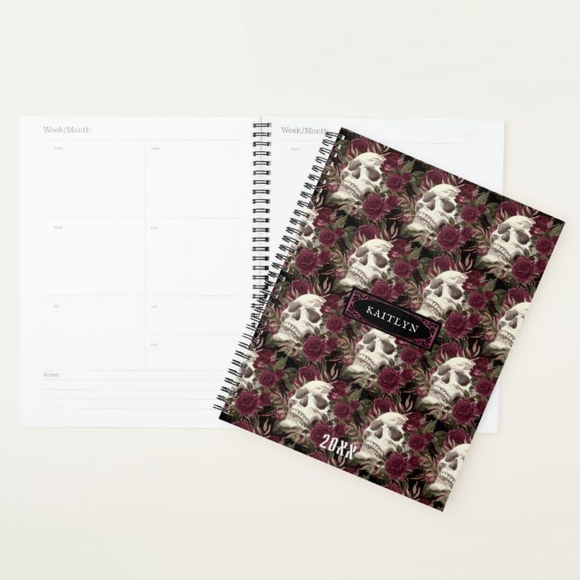 Skull Roses Burgundy Black Pattern Personalised Planner (Display)