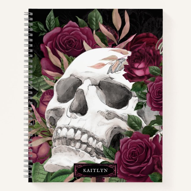 Skull Roses Burgundy Black Personalised Notebook (Front)