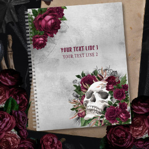Skull Roses Burgundy Grey Grunge Personalised Notebook
