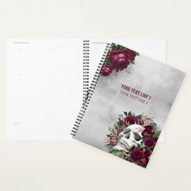 Skull Roses Burgundy Grey Grunge Personalised Planner (Display)