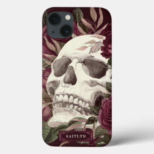 Skull Roses Burgundy Personalised iPhone 13 Case