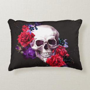 Skull & Roses: Dark Floral Watercolor. Decorative Cushion