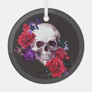 Skull & Roses: Dark Floral Watercolor. Glass Tree Decoration