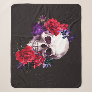 Skull & Roses: Dark Floral Watercolor. Sherpa Blanket