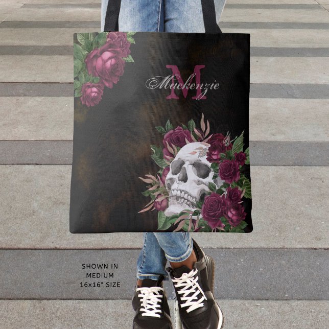 Skull Roses Monogram Name Burgundy Dark Grunge Tote Bag (Creator Uploaded)
