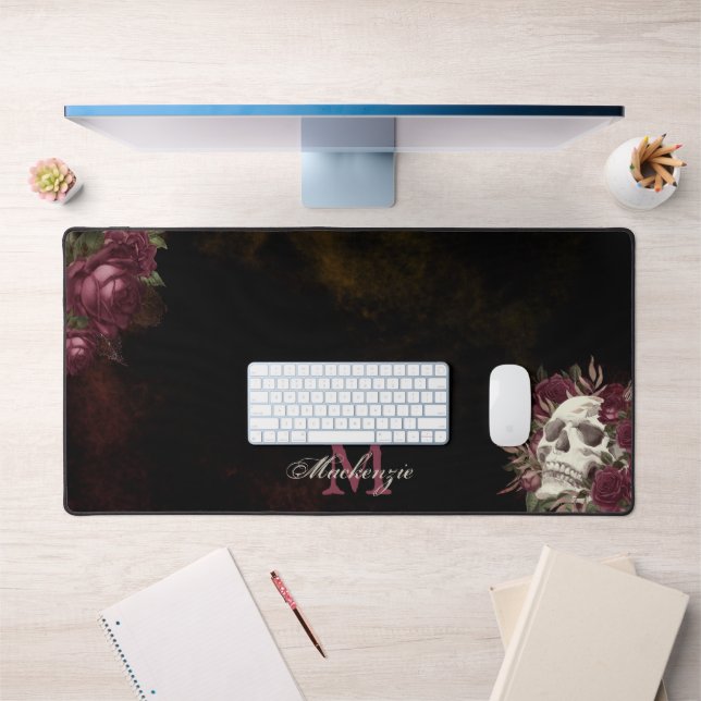 Skull Roses Monogram Name Burgundy Grunge Dark Desk Mat (Office 1)