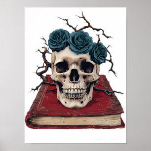 Skull & Roses on Book – Gothic Literary Art Poster