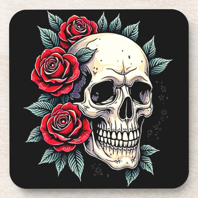 Skull Roses Tattoo Art Coaster (Front)